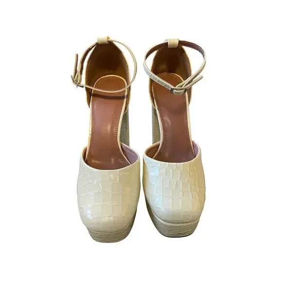 Asos 8 Platform Square Toe Mary Janes Embossed Croc Leather Chunky Heels Cream - Picture 3 of 7
